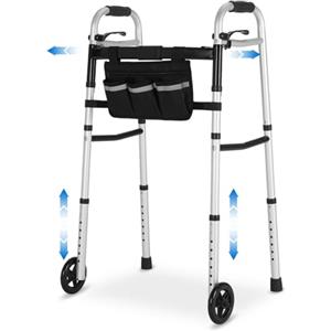 LIFERUN Deambulatore Pieghevole, Ausilio per Anziani con Funzione di Regolazione in Altezza a 8 Livelli e in Larghezza a 5 Livelli, Leggero in Alluminio, Antiscivolo, Stabile, Carrello Fino a 135 Kg