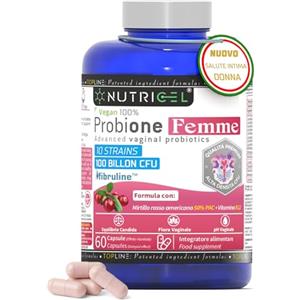 NUTRICEL Probiotici Donna | Salute Vagina & Flora Intima | 100 Miliardi UFC/giorno + 10 Ceppi | Mirtillo rosso americano + Vitamina B12 | Supporto Cistite |100% Vegano | Brevettato | 60 Capsule