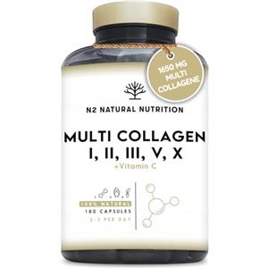N2 Natural Nutrition MULTI COLLAGENE Idrolizzato 1650mg. Peptidi di Collagene Marino e Bovino Tipo 1, 2, 3, 5, 10. Collagene Integratore per Articulazioni, Pelle e Ossa + Vitamina C. 180 Capsule. N2 Natural Nutrition