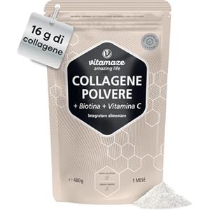 Vitamaze - amazing life Vitamaze, Collagene Idrolizzato in Polvere 15905 mg, Biotina, Vitamina C. Peptidi di Collagene da Bere ad Alto Dosaggio. Articolazioni, Pelle, Capelli e Unghie. Gusto Neutro 480 g, Senza Zucchero