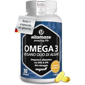 Vitamaze - amazing life Omega 3 Vegan, 1080 mg con 375 mg di DHA e 125 mg di EPA per 1 Capsula al Giorno di Olio di Alghe Omega 3 Vegetale di Alta Qualità, Massima Biodisponibilità, per 30 Giorni, Vitamaze®