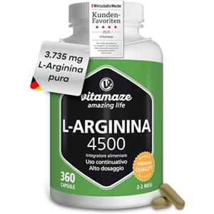 Vitamaze - amazing life Vitamaze® L-Arginina 4500 mg ad Alto Dosaggio, 360 Capsule di Pura Arginina HCL Polvere, Pre Workout, Qualità Tedesca, Naturale Integratore Alimentare senza Additivi non Necessari