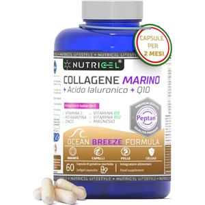 NUTRICEL Collagene Marino Peptan® con Acido Ialuronico, Astaxantina, Coenzima Q10, Vitamina C e Zinco, Vitamine B12 e D3, Magnesio - Collagene Idrolizzato - Integratore Pelle, Ossa e Articolazioni - 60 Capsule