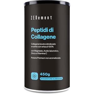 Zenement Peptidi di Collagene Idrolizzato da Bovini Nutriti con Erba - con Magnesio, Acido Ialuronico, Zinco e Vitamina C, Non Aromatizzato, Alta Solubilità, 450 g