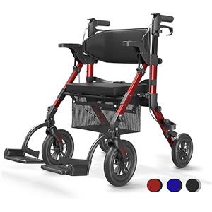 VOCIC Deambulatore per sedia a rotelle 2 in 1, pieghevole e leggero, con sedile, pneumatici in gomma per esterni, per tutti i terreni, leggeri con tasca a rete, in alluminio, colore rosso