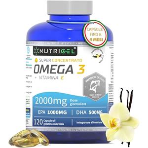 NUTRICEL Omega 3 2000mg ad Alta Concentrazione - Integratore con EPA 1000mg e DHA 500mg - Olio di Pesce Puro Non-OGM con Sapore Vaniglia - Per Memoria, Energia e Benessere - 120 Capsule di Qualità Premium