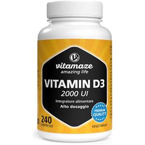 Vitamaze - amazing life Vitamaze® Vitamina D3 240 compresse Alto dosaggio e vegetariana per più di 1 anno, 2000 UI, 50 mcg di colecalciferolo puro, integratore alimentare naturale senza additivi, Prodotto in Germania