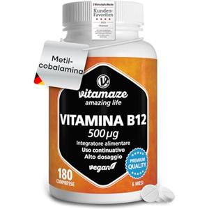 Vitamaze - amazing life Vitamina B12 500 mcg Alto Dosaggio Metilcobalamina Pura, 180 Compresse Vegan Fornitura 6 mesi per l'ingestione Orale, Qualità Tedesca, Naturale Integratore senza Additivi non Necessari