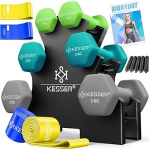 KESSER® Set di manubri, 3 paia, da 5 kg a 18 kg, palestra, allenamento della forza, set di manubri antiscivolo in neoprene, con quaderno per esercizi, 2 fasce fitness