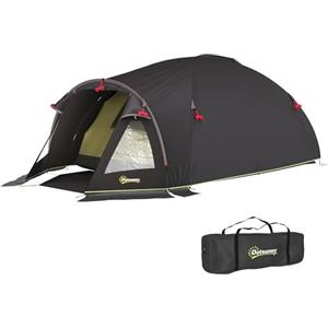 Outsunny Tenda da Campeggio a Tunnel per 2 Persone con 2 Stanze, Tenda Campeggio Familiare 2 Posti Impermeabile 3000mm con Porta a Rete, Finestre Laterali e Borsa di Trasporto, 330x190x120 cm, Nero