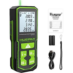Huepar Telemetro laser a fascio verde 120 m (393 piedi), misuratore digitale Huepar con display LCD, batteria ricaricabile e display a doppio angolo, Pitagora/distanza/superficie e volume S120-G