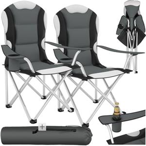 tectake® 2 Sedie da Campeggio Pieghevole, Comoda Imbottitura, Sedie Relax con Tessuto a Rete per Ventilazione, Bracciolo con Porta Bevande Incorporato, Pratica Borsa Inclusa - Grigio