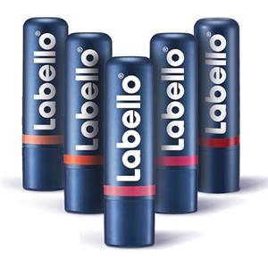 Labello Caring Beauty Lip & Cheek Burrocacao labbra e guance, Balsamo labbra colorato e blush stick nelle tonalità Nude, Coral, Pink Nude, Pink e Red, 5 lip balm da 4.8 g - Kit Esclusiva Amazon