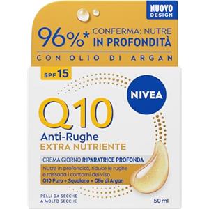 NIVEA Q10 Anti-Rughe Extra Nutriente Crema Giorno Riparatrice Profonda SPF 15 50 ml, Crema viso antirughe e idratante con Coenzima Q10, Olio di Argan e Squalano, Skincare per pelle secca e molto secca