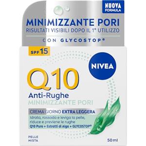 NIVEA Q10 Anti-Rughe Minimizzante Pori Crema Giorno Extra Leggera SPF 15 50 ml, Crema viso antirughe e idratante con Coenzima Q10, Glycostop e Alghe, Skincare ad assorbimento rapido per pelle mista