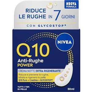 NIVEA Q10 Anti-Rughe Power Crema Notte Extra Rigenerante 50 ml, Crema notte viso antirughe idratante con Coenzima Q10, Creatina e Glycostop, Skincare ad assorbimento rapido per tutti i tipi di pelle