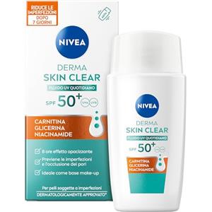 NIVEA Derma Skin Clear Fluido UV Quotidiano SPF50+ 40 ml, Protezione solare viso con Carnitina, Glicerina e Niacinamide, Crema viso SPF 50+ opacizzante e anti-imperfezioni per pelle grassa e mista