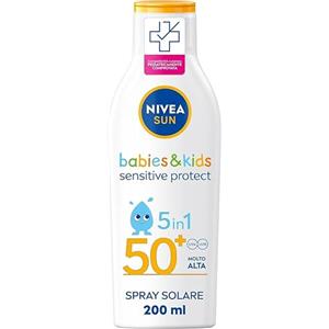 NIVEA SUN Latte Solare Kids Sensitive Protect & Play FP 50+ 200 ml, Crema Solare Bambini e Neonati dai 6 Mesi in su, Crema solare 50+ Resistente all'Acqua