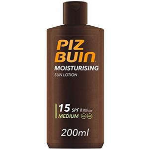 PIZ BUIN Moisturising Latte Solare SPF 15, Crema solare 15 idratante, Protezione solare 15 con filtro solare UVA/UVB e Glicerina, Latte solare SPF15 resistente all'acqua e al sudore, 200 ml