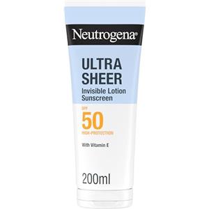 Neutrogena Ultra Sheer Lozione Idratante Invisibile Protezione Solare SPF 50 200 ml, Crema solare 50 viso e corpo con Vitamina E, Waterproof, Per tutti i tipi di pelle, Ultra-leggera, Senza profumo