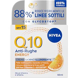 NIVEA Q10 Anti-Rughe Energy Crema Giorno Illuminante SPF 15 50 ml, Crema viso antirughe e idratante con Coenzima Q10, Glycostop e Vitamina C, Skincare ad assorbimento rapido per pelle spenta e stanca