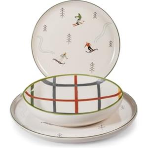 H&H Servizio Tavola 18 Pezzi Ski Holiday in Stoneware Decorato - Stile Invernale e Natalizio - Piatti con Sciatori e Quadri - Lavabile in Lavastoviglie, Microonde - Ø 26, 20,5, 20 cm