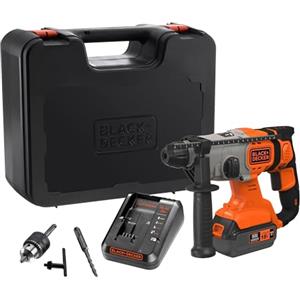BLACK+DECKER Trapano a percussione a batteria SDS-Plus da 18V, batteria da 4,0Ah, caricabatterie da 2A, scatola del kit, impugnatura regolabile, luce LED, BCD900M1K-QW