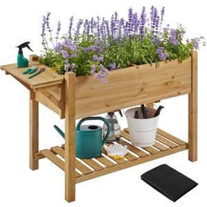Yaheetech Fioriera/Aiuola Rialzata Orto Balcone da Esterno Giardino Alta in Legno Naturale Lettino per Piante Giardino con Ripiano Pieghevole e Griglia 123,5 x 54 x 80 cm Marrone Chiaro