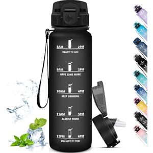 Grsta Borraccia 1 Litro, con Cannuccia Senza Perdite, Borraccia Motivazionale con Scala Temporale, per Bere di Piu, Facile da Pulire, per Sport, Fitness, Escursionismo, Nero