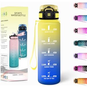 Motswedi Borraccia, 1000ML Con Paglia, Borraccia Palestra Senza BPA, Borracce con Cannuccia, Bottiglia d'acqua Motivazionale con Indicatore del Tempo, Bottiglia Acqua per Palestra, campeggio - Giallo&Blu reale