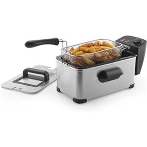 Progress Friggitrice elettrica - Friggitrice ad Olio da 3L - Cestello Rimovibile Antiaderente e Coperchio, 50-190°C, Finestra di Visualizzazione, Controllo della Temperatura Regolabile, 2000W