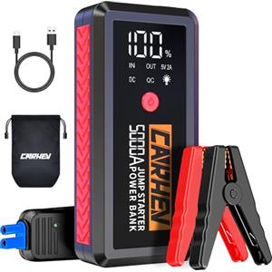 CARHEV Booster Avviamento Auto, 5000A Avviatore Batteria Auto (Fino a 8.0L Benzina/8.0L Diesel), 12V Avviatore Emergenza per Auto con Grande Display LCD e Torcia LED, Starter batteria auto con QC3.0