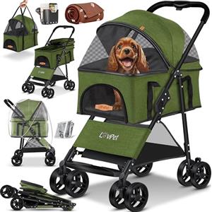 LOVPET® Passeggino per cani 2in1 - box per trasporto cani - borsa da trasporto per cani pieghevole fino a 20 kg - carrello per animali con finestre a rete e parapioggia I Cachi