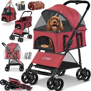 LOVPET® Passeggino per cani 2in1 - box per trasporto cani - borsa da trasporto per cani pieghevole fino a 20 kg - carrello per animali con finestre a rete e parapioggia I Rosso