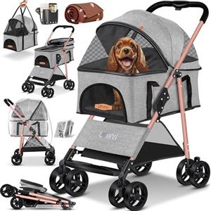 LOVPET® Passeggino per cani 2in1 - box per trasporto cani - borsa da trasporto per cani pieghevole fino a 20 kg - carrello per animali con finestre a rete e parapioggia I grigio chiaro