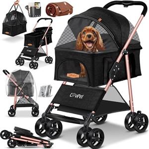 LOVPET® 2in1 Passeggino per cani- box per trasporto - borsa pieghevole fino a 20 kg - carrello per animali con finestre a rete e parapioggia I nero