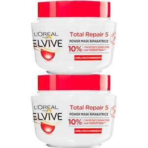 L'Oreal Paris L'Oréal Paris Elvive Total Repair 5 Maschera Riparatrice per Capelli Molto Danneggiati Power Mask Concentrato Riparatore con 10% di Keratina ad Azione Rinforzante - 2 Barattoli da 300ml