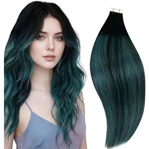 RUNATURE Extension Biadesive Capelli Veri Nero Ombre Verde 30cm 20pcs 30g Corto Extension Capelli Lisci #1B/Teal