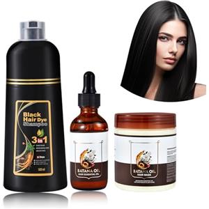 O'RMEAS Colore nero, 500 ml, shampoo colorante per capelli + 50 ml di olio di batana + maschera per capelli da 300 g, shampoo anti-grigio, set per la cura dei capelli unisex