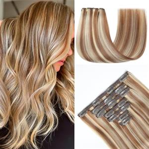 GUDOZO extension capelli veri Castano chiaro con sfumature dorate 7pcs 45cm 120g Extension capelli veri biadesivo Extension clip capelli veri senza cuciture volume donna