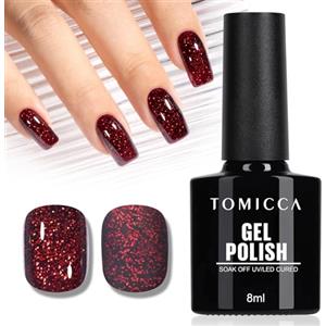 TOMICCA Smalto in gel per unghie Glitter Rosso Scuro, UV/LED per lampada UV/LED, manicure fai da te, ideale per saloni di nail art, 8 ml