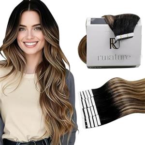 RUNATURE Extension Biadesive Capelli Veri 30cm 20pcs 30g Balayage Nero Ombre Marrone Extension Invisibile #1B/4/27
