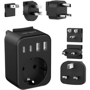 JSVER Adattatore da Viaggio con 4 Porte di Ricarica(2 USB C e 2 USB A), Presa da Viaggio Universale Tipo C/B/G/A/I/M per Europa/Italia/USA/Regno Unito/Hong Kong e oltre 180 Paesi (Nero)