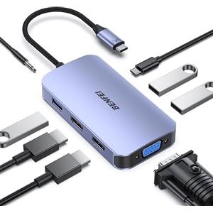BENFEI Docking station USB C di, hub USB C 8-in-1 con triplo display, doppio HDMI, VGA, 3*USB 3.0, 100W Power Delivery, audio AUX da 3,5 mm, compatibile con MacBook Pro, XPS e altro ancora