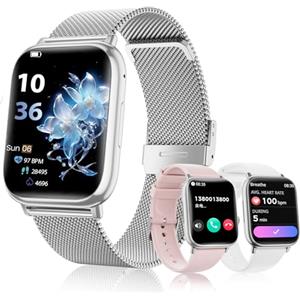 SLOKSFil Smartwatch Donna con Chiamate Bluetooth, 1.83" Fitness Orologio Smartwatch 3 Cinturini Frequenza Cardiaca SpO2 Pressione Sanguigna IP68 Impermeabile Sonno 120+ Modalità Sportive (Argento)