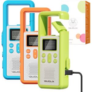QUOLIX Walkie Talkie per Adulti Bambini, Ricaricabile Litio Batteria, Dotato di 8 canali e 99 codici,Allarme SOS,Torcia di emergenza,Attivazione vocale VOX, Walkie-talkie multicolore (3 colori)
