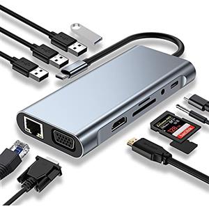SZPACMATE HUB USB C, adattatore USB C 11 in 1 con 4K-HDMI, VGA, USB 3.0, PD di tipo C, Ethernet RJ45, lettore di schede SD/TF, AUX 3,5 mm, compatibile con MacBook Pro/Air, oltre a dispositivi di tipo C