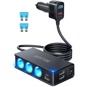 BESTEK Caricatore Auto USB-C PD USB QC3.0 Caricabatterie da Auto 180W, 9 in 1 Adattatore per Accendisigari 12V/24V con 3 Prese & 6 Porte con Display LED per iPhone Dash Cam