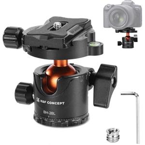 K&F CONCEPT Testa per Treppiede sferico con Panoramica Ruotabile di 360°, Testa a Sfera KF-28, con piastra a sgancio rapido da 1/4" e livella a bolla, Carico Massimo 10kg, Treppiede, Monopiede, DSLR