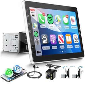 VECHTEL Autoradio 1 Din con Carplay Android Auto senza Fili, 10.1 Pollici HD IPS Schermo Tattile Ruotabile Manualmente Stereo Auto Supporto Bluetooth 5.2 Mirror Link Radio FM/AM 2USB Telecamera